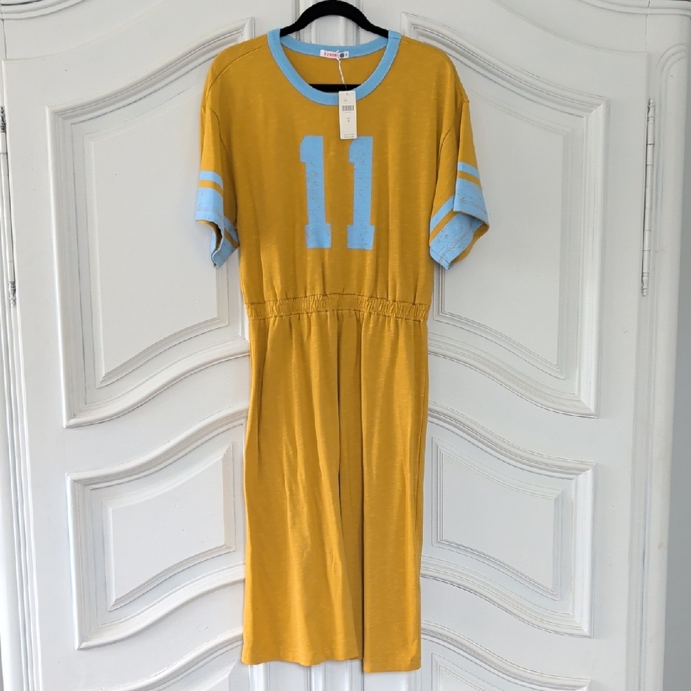 Sundry Mustard Yellow Jersey Dress with Sky Blue Trim and Front Number